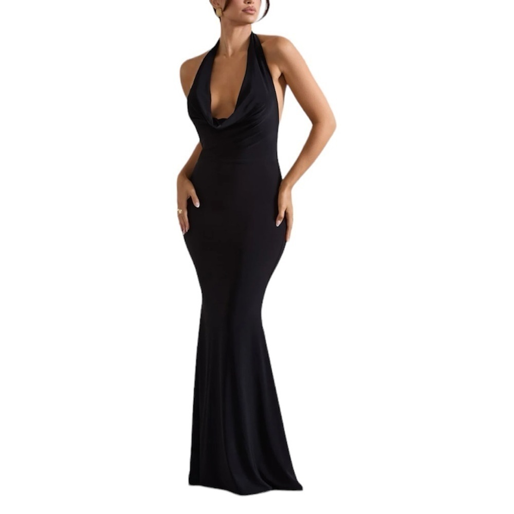 Club L London- NWT Black Stretch Scoop Cowl Neck Halter Mullet Maxi Dress
